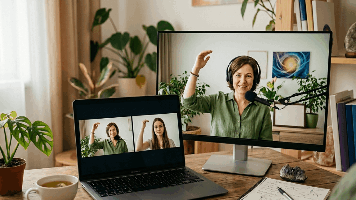 Online kineziológiai tanácsadás és konzultáció laptopon és monitoron, otthoni barátságos környezetben